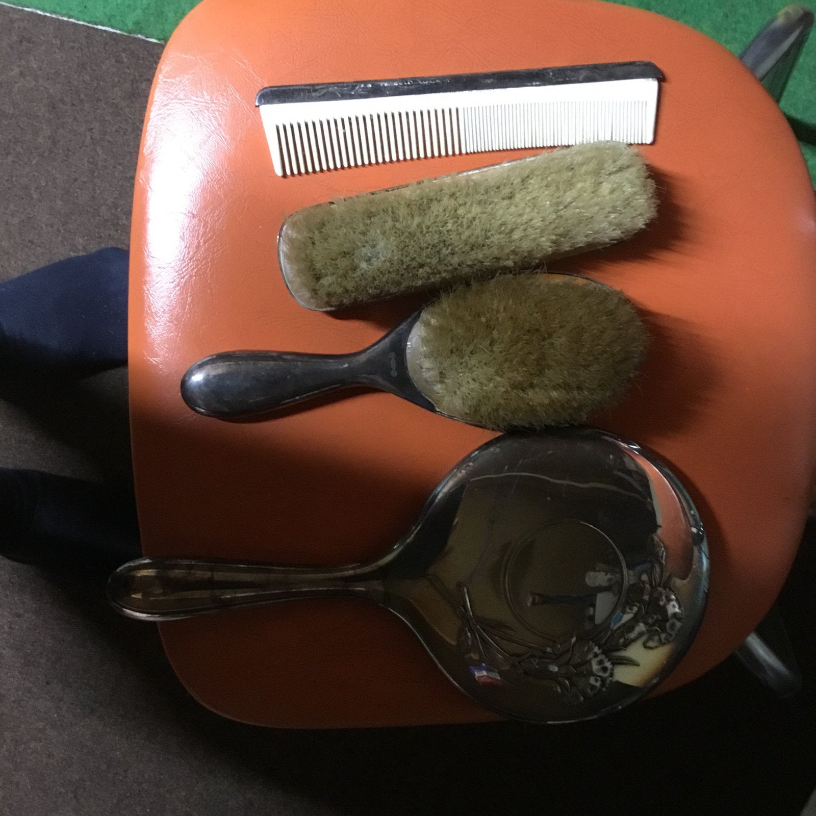 Vintage verzilverd kapset met spiegel, borstels en kam, Ophalen of Verzenden