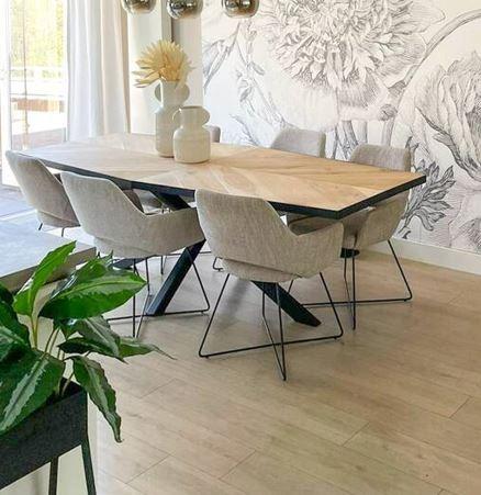 Eettafel 240x100cm met stalen poot en visgraat blad, 100 tot 150 cm, Vijf personen of meer, Rechthoekig, Ophalen