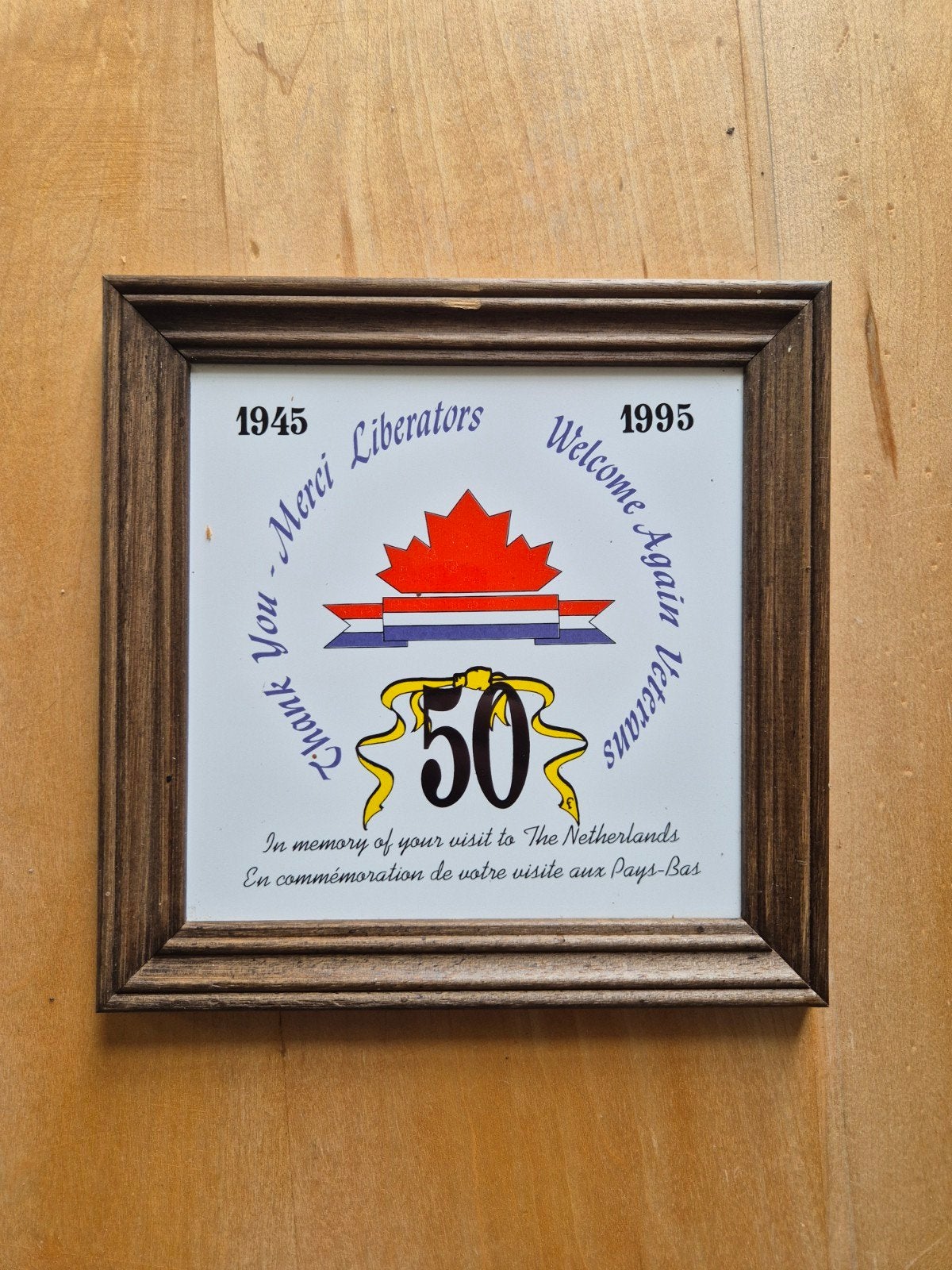 Ingelijste herdenkingsplaat Canadese veteranen 1945-1995, Ophalen, Overige soorten, Nederland, Kunstobject