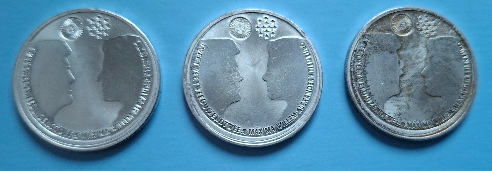 3 stuks zilveren 10 euro munten Huwelijk WA & Máxima, Postzegels en Munten, Setje, Koningin Beatrix, Geboorte of Huwelijk, Overige waardes