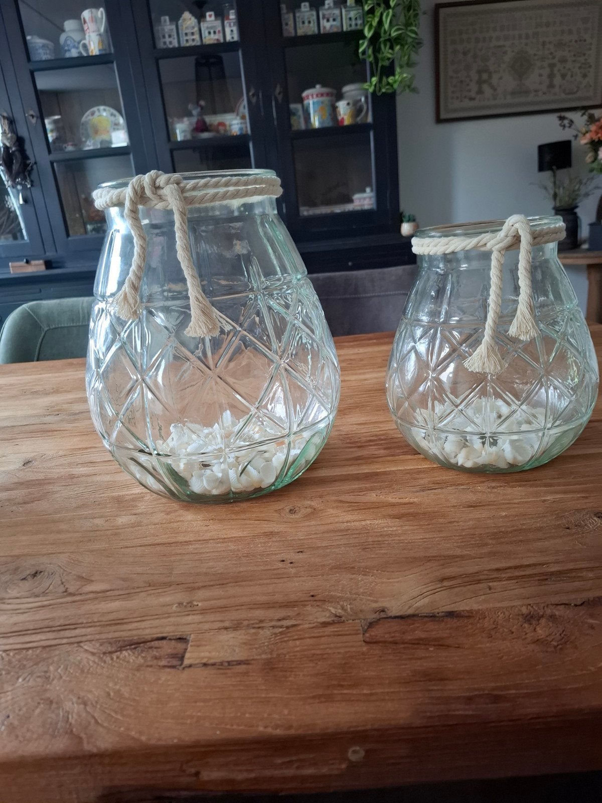 Decoratieve glazen potten set van 2 met touw en schelpen, Ophalen, Transparant, Inclusief decoratie, Glas