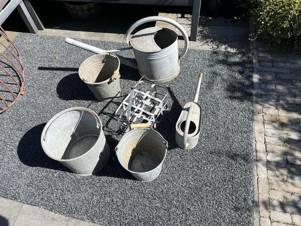 Vintage Zinken Gieters en Emmer Set - Tuindecoratie, Tuin en Terras, Gieters, Ophalen of Verzenden, Gebruikt