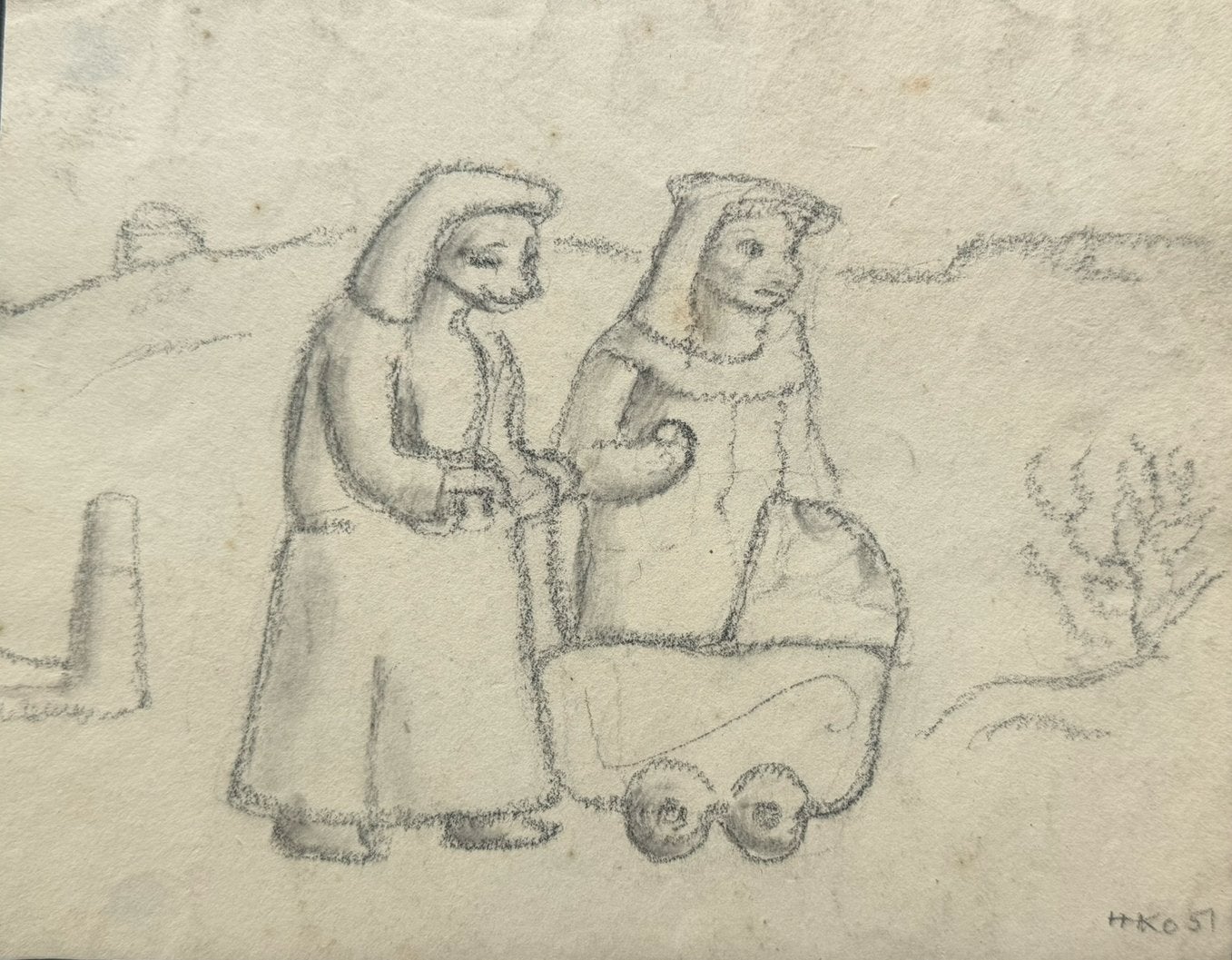 Dames met kinderwagen 1957 Harm Kamerlingh Onnes (1893-1985), Ophalen, Portret of Personen, Impressionistisch, Tekening