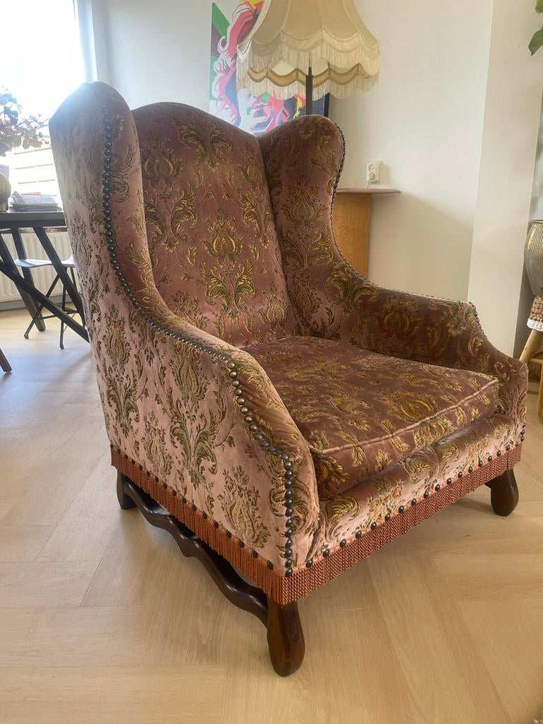 Vintage Antieke Fauteuil - Fluweel Velvet met Houten Voet, Ophalen, Gebruikt, Hout, 75 tot 100 cm