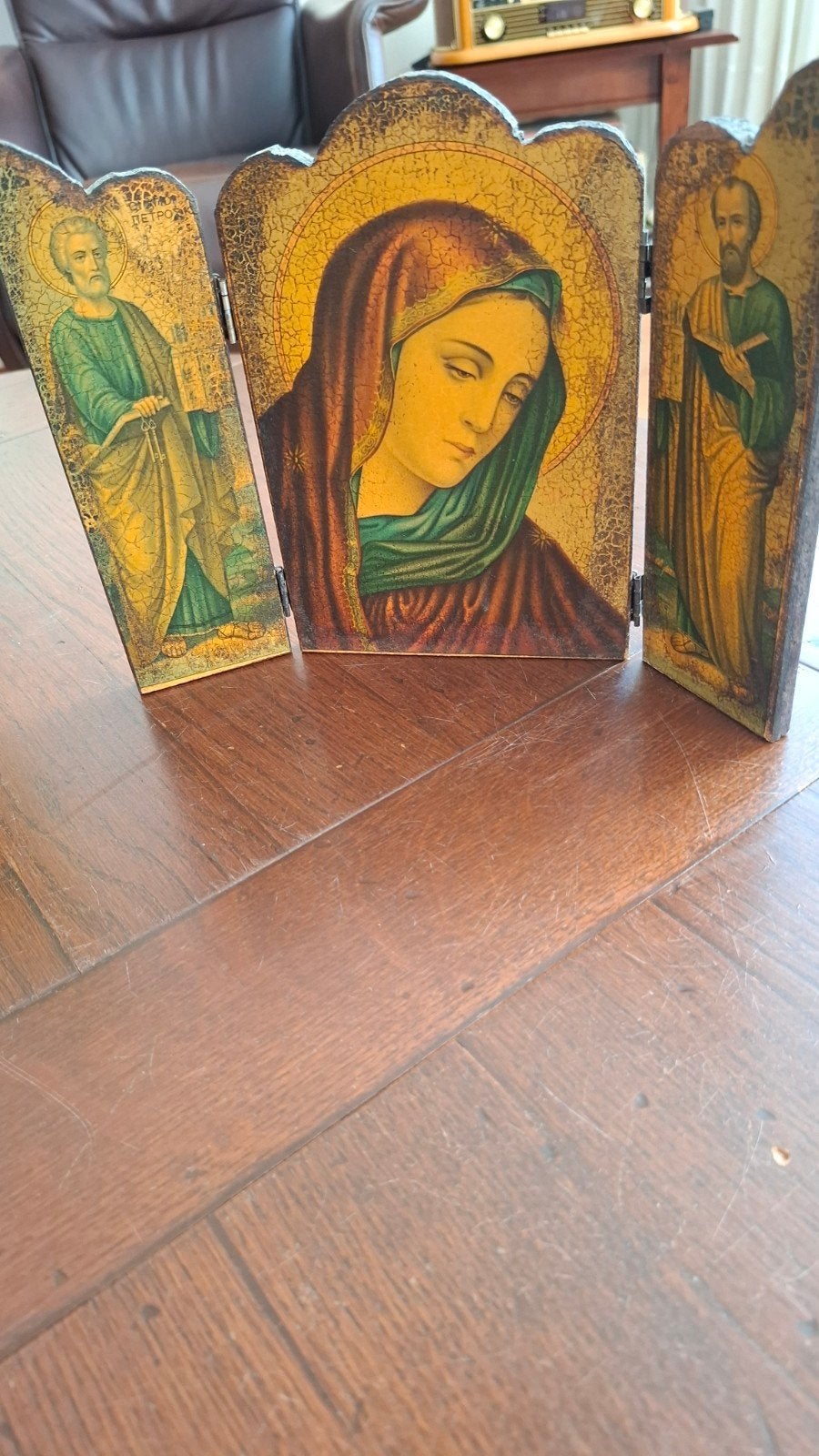 Antieke drieluik icoon: Maria met heiligen, Ophalen of Verzenden