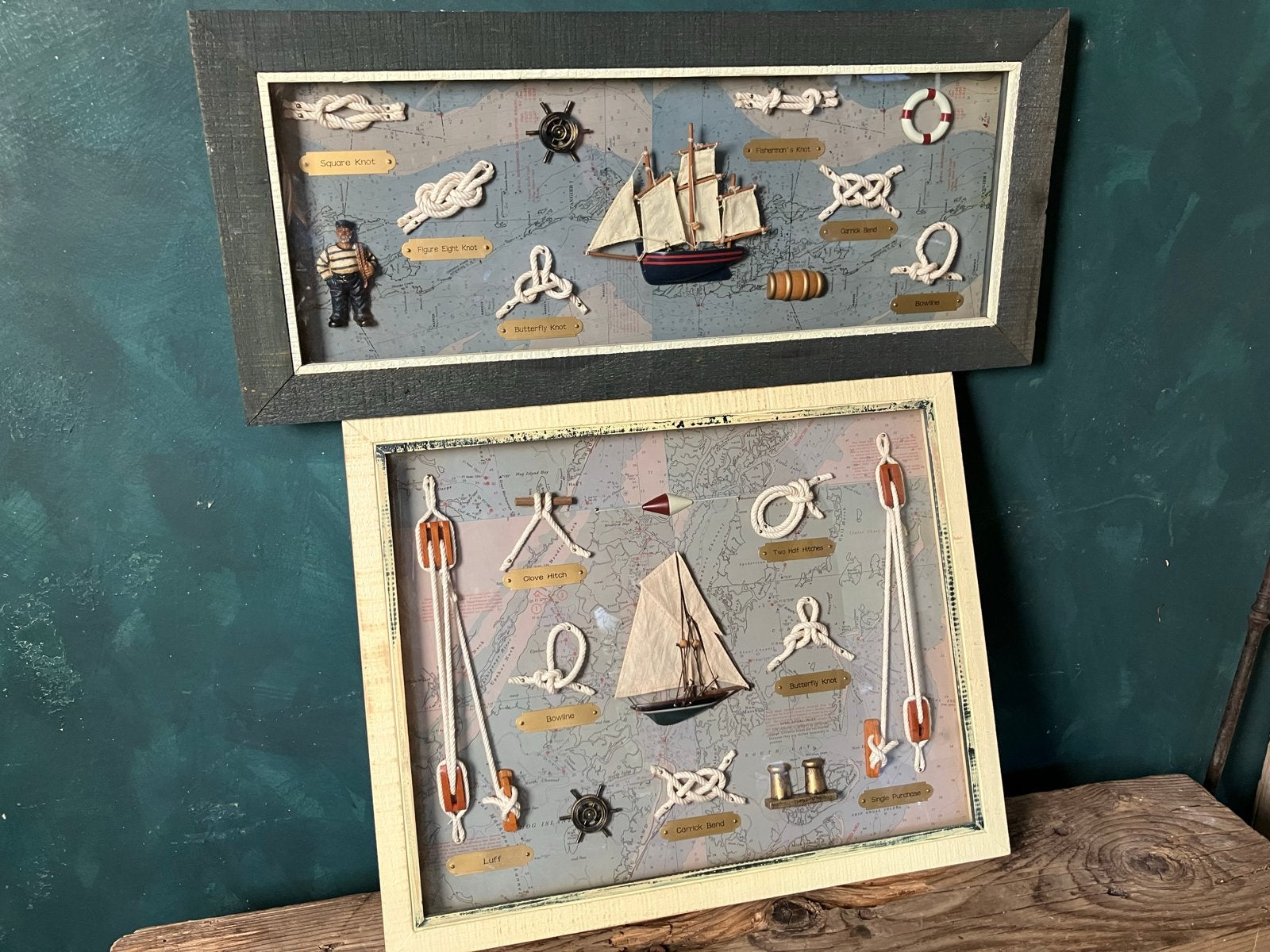 2x nautische wanddecoratie: knopen en zeilboot in lijst, Ophalen of Verzenden, Gebruikt