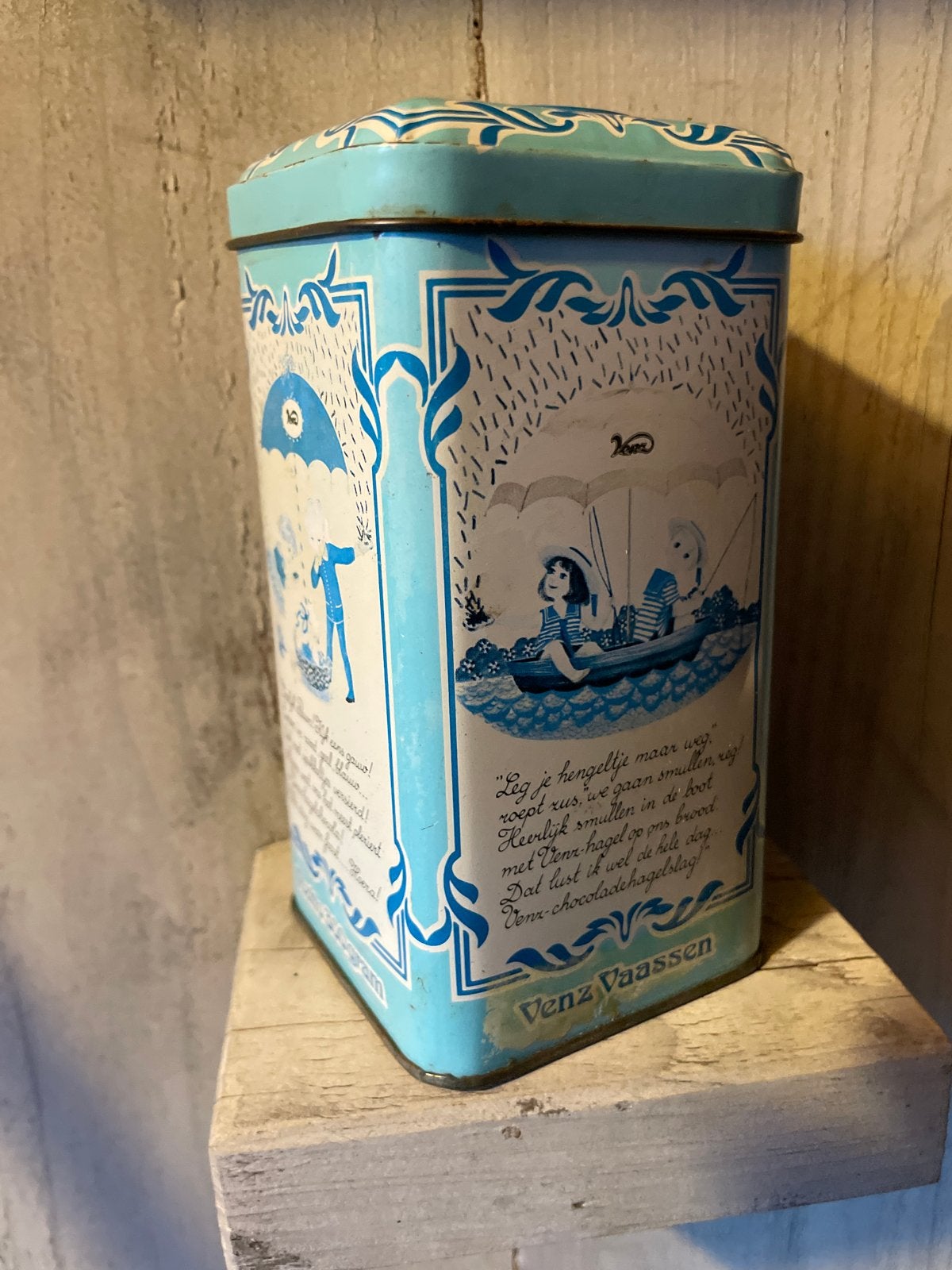 Vintage Venz Vaassen Hagelslag Blik - Regenachtig Thema, Ophalen of Verzenden