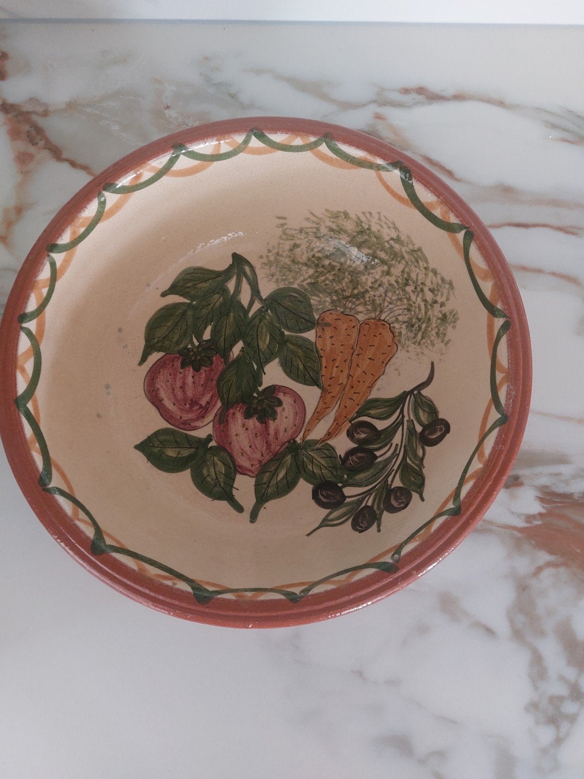 Vintage Spaanse Terracotta Kom met Fruit- en Groentepatroon, Ophalen of Verzenden