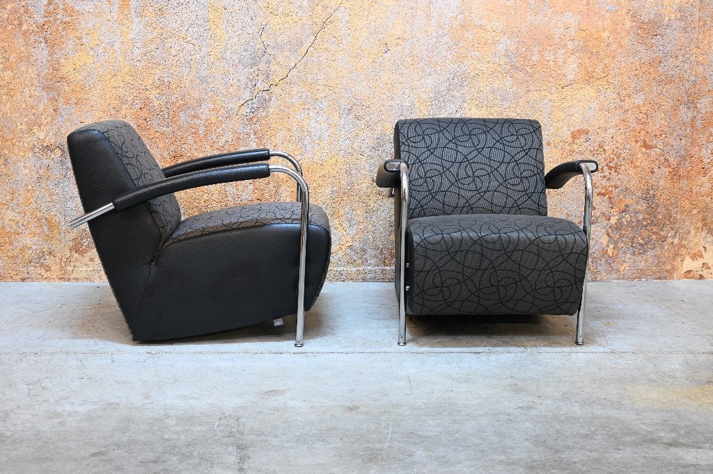 ZGAN 2 Leolux Scylla design fauteuils in grijze motiefstof, Leolux, Leolux, Leer, 75 tot 100 cm