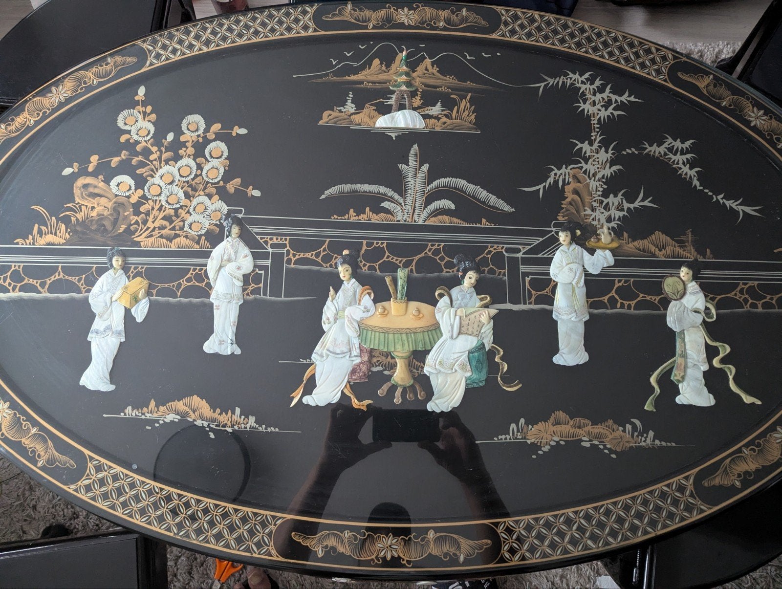Chinese salon tafel zwart parelmoer inleg, Ophalen, Gebruikt, 100 tot 150 cm, 50 tot 100 cm