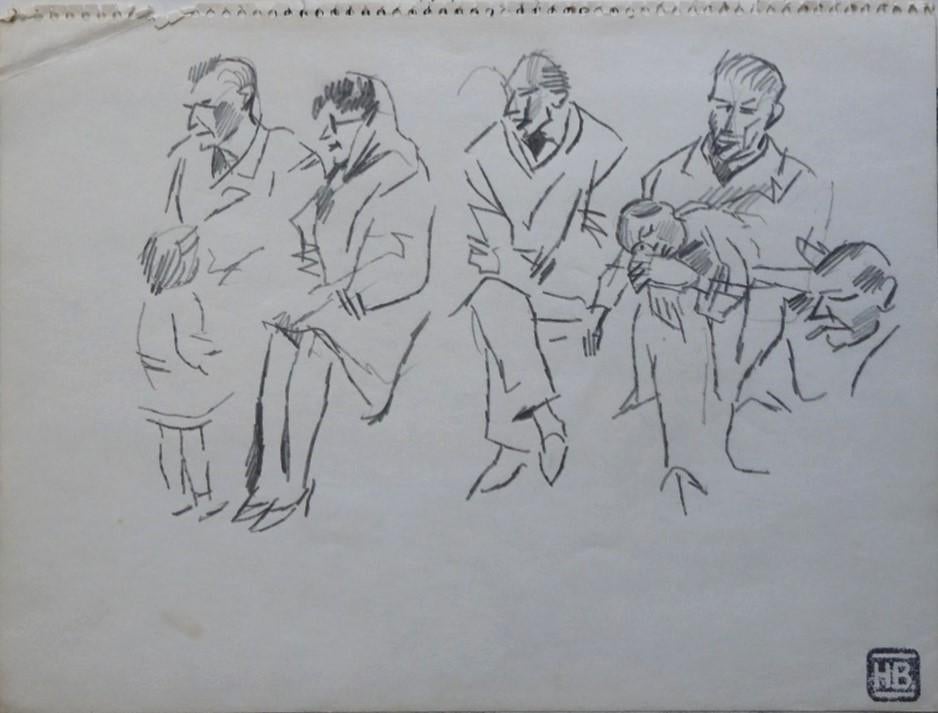 Herman Bieling potloodtekening "Wachtkamer", atelierstempel, Ophalen, Minder dan 50 cm, Gebruikt, Minder dan 50 cm