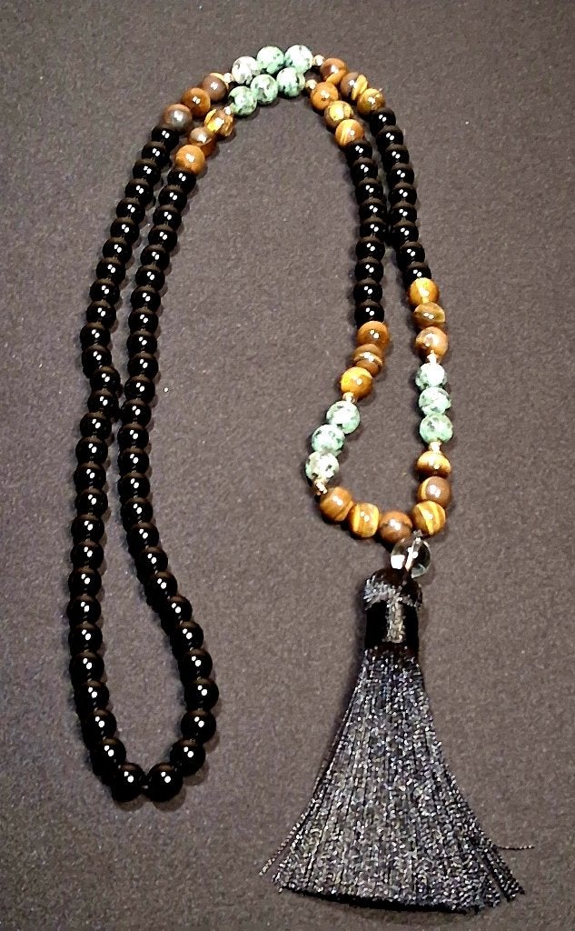 Mala ketting obsidiaan tijgeroog Afrikaanse turquoise, Overige kleuren, Nieuw, Ophalen of Verzenden, Steen of Mineraal