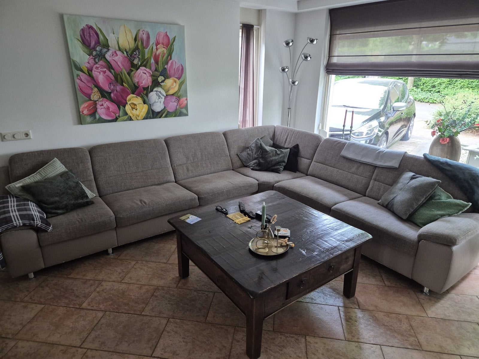 Robuuste eikenhouten salontafel met lade, Huis en Inrichting, Tafels | Salontafels, Ophalen, 50 – 75, Gebruikt, 100 tot 150 cm