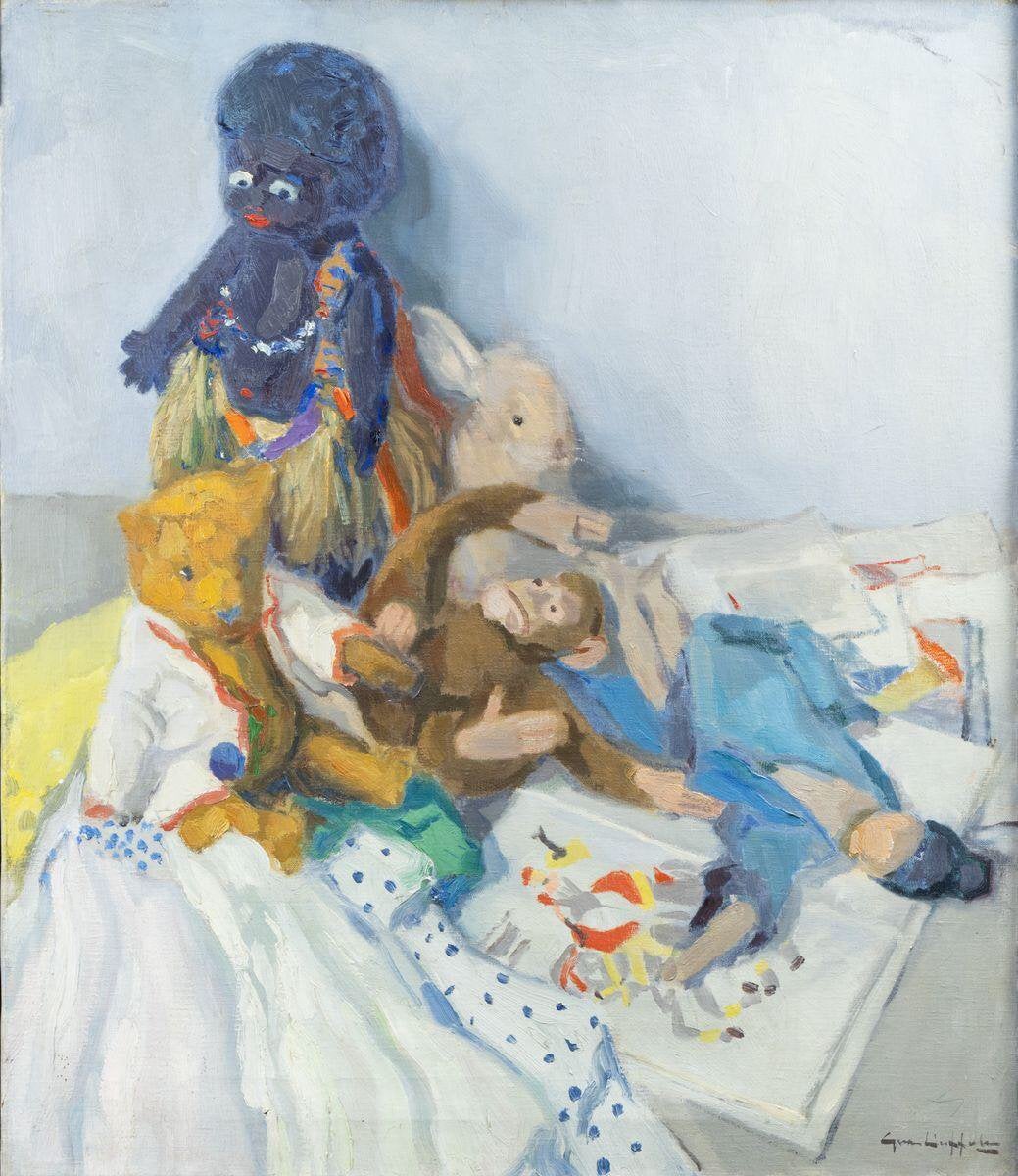 G. v. Duffelen, Stilleven met speelgoed, olieverf op doek, Antiek en Kunst, Ophalen, Nederlandse school, Doek, Stilleven