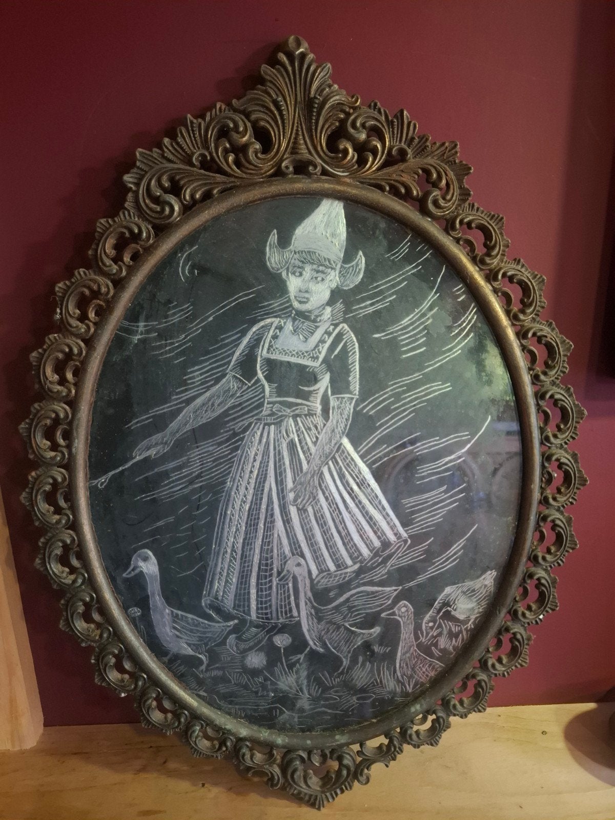 Gegraveerde foto in koperen lijst - Hollandse folklore, Ophalen of Verzenden