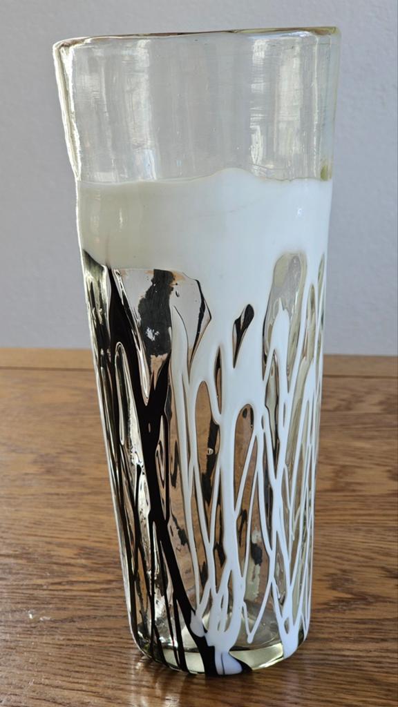 Vintage Murano Glazen Vaas - uniek glazen zwart/wit strepen, Ophalen of Verzenden