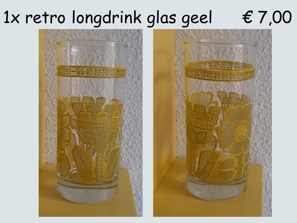 Retro glas / longdrink glas met gele of oranje bloemen, Ophalen, Zo goed als nieuw, Frisdrankglas
