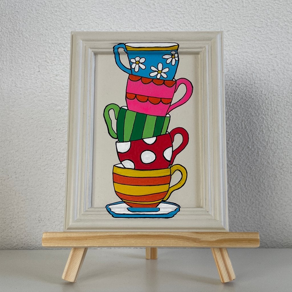 Schilderijtje "Kop en schotels" - incl. schildersezel., Huis en Inrichting, Minder dan 50 cm, Oorspronkelijke maker, Nieuw, Ophalen of Verzenden