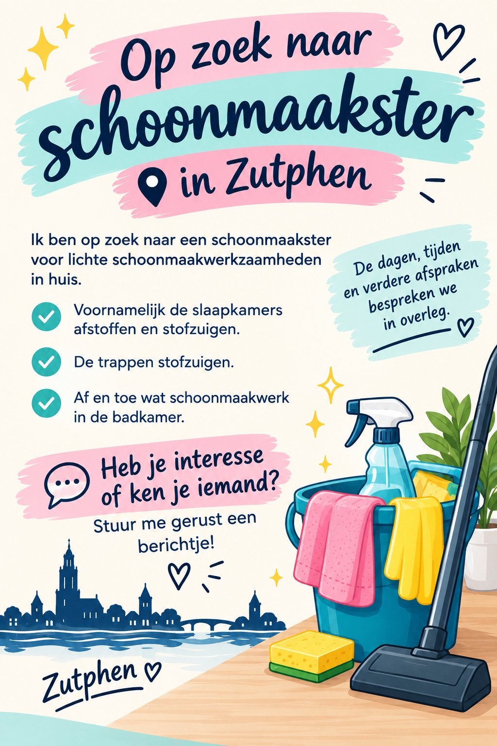 Gezocht: schoonmaakster in Zutphen, Overige uren, Overige niveaus, Geschikt als bijbaan
