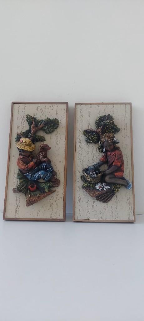 Vintage 2 x wand decoratie jongen meisje schilderij jaren 70, Eu, Ophalen of Verzenden, Zo goed als nieuw, Schilderij