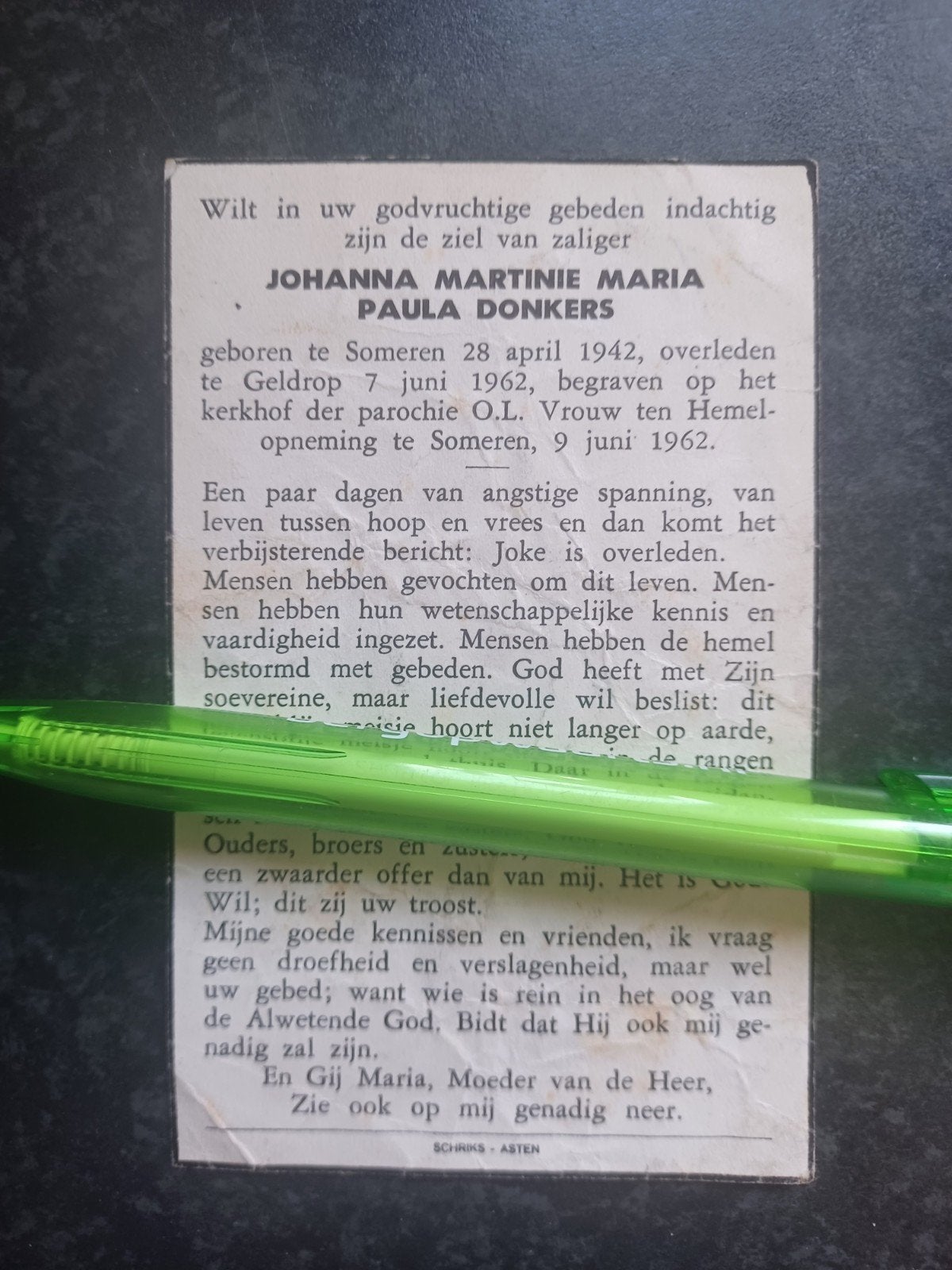 Bidprentje Someren Geldrop Johanna Donkers 1942 1962, Ophalen of Verzenden, Bidprentje