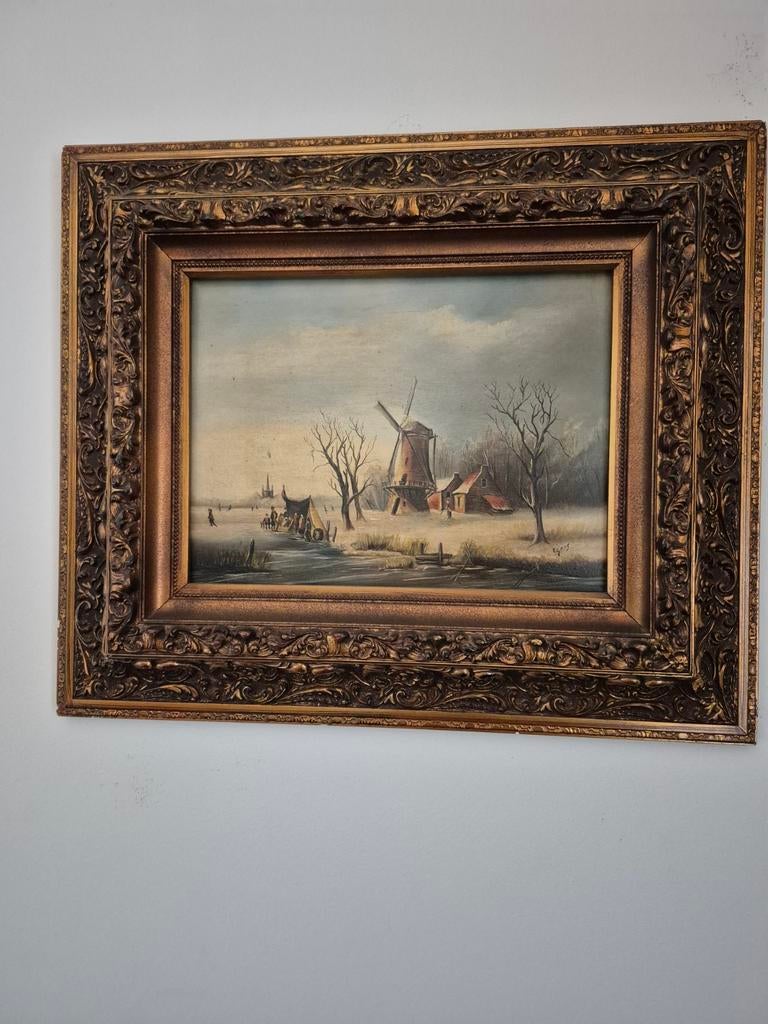 Oud Hollands Winterlandschap Schilderij met Molen, Antiek en Kunst, Kunst | Schilderijen | Klassiek, Ophalen of Verzenden