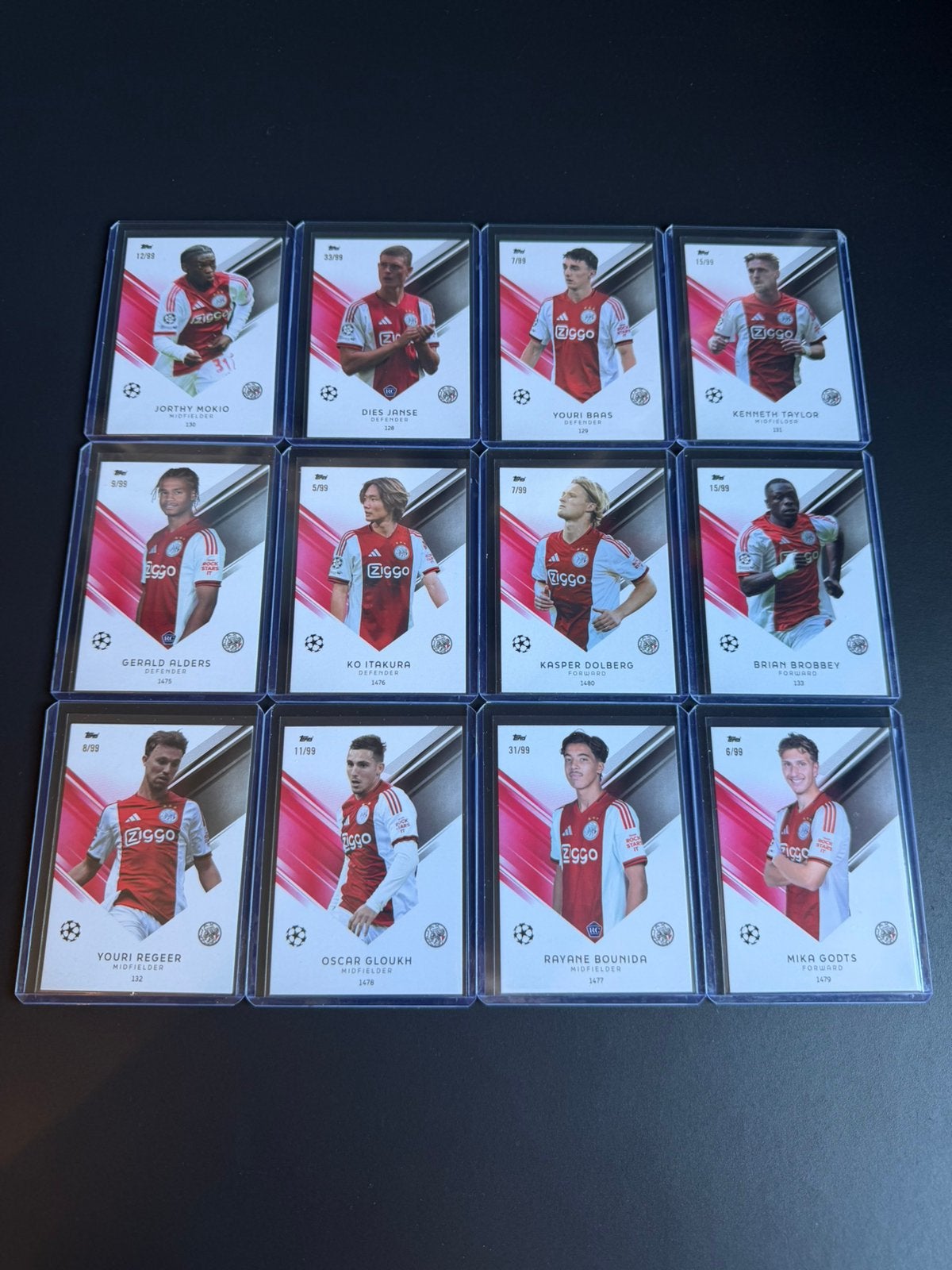 /99 topps total football ajax set van 12, Ophalen of Verzenden, Nieuw, Meerdere kaarten, Foil