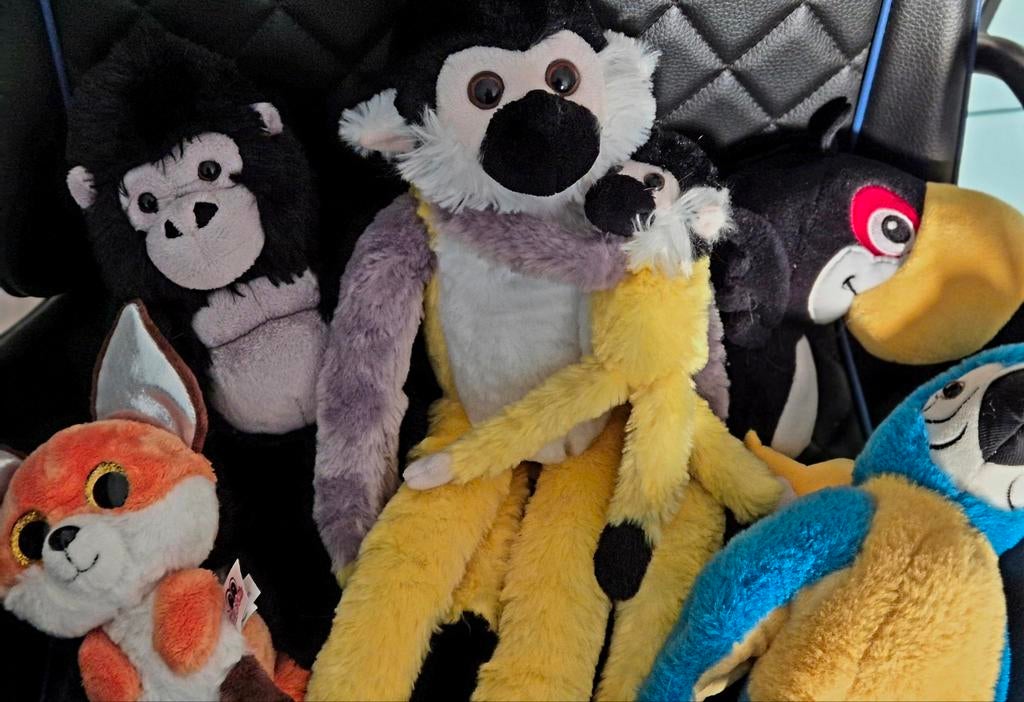 Diverse knuffels: aap, gorilla, toekan, vos en papegaai, Zwart, Ophalen of Verzenden, Zo goed als nieuw, Middelgroot (20 tot 80 cm)