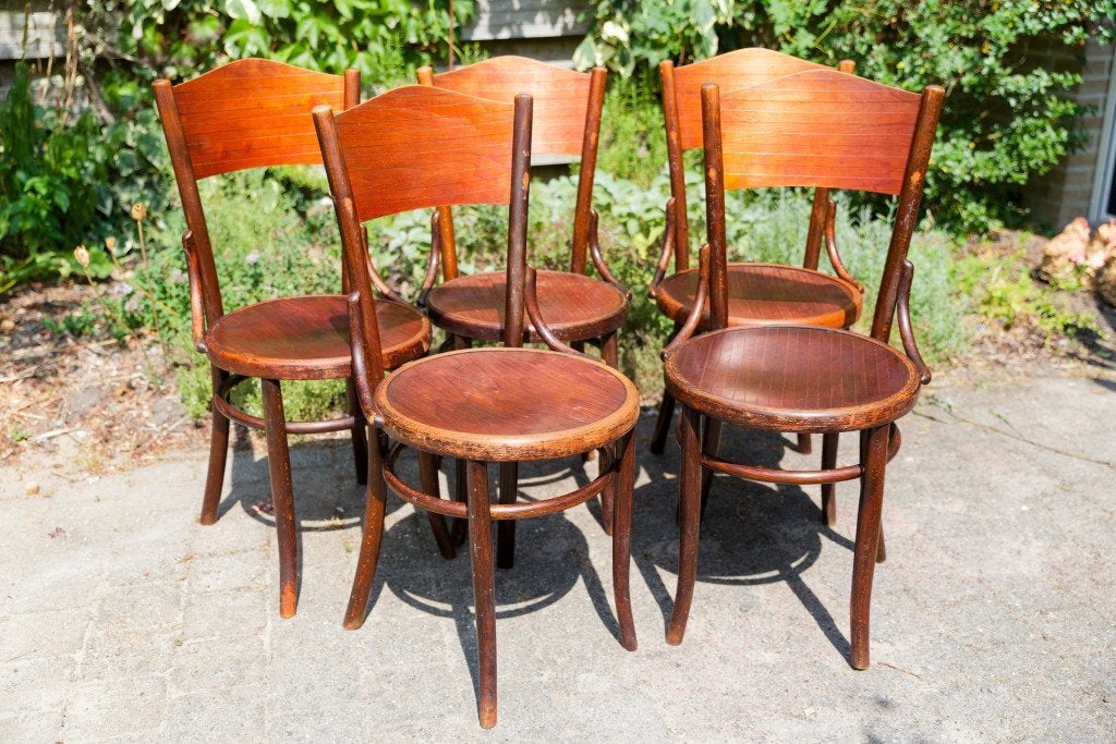 5 Vintage Fischel caféstoelengeperste zitting - Thonet stijl, Gebruikt, Bruin, Ophalen of Verzenden, Art deco, art nouveau, Thonet