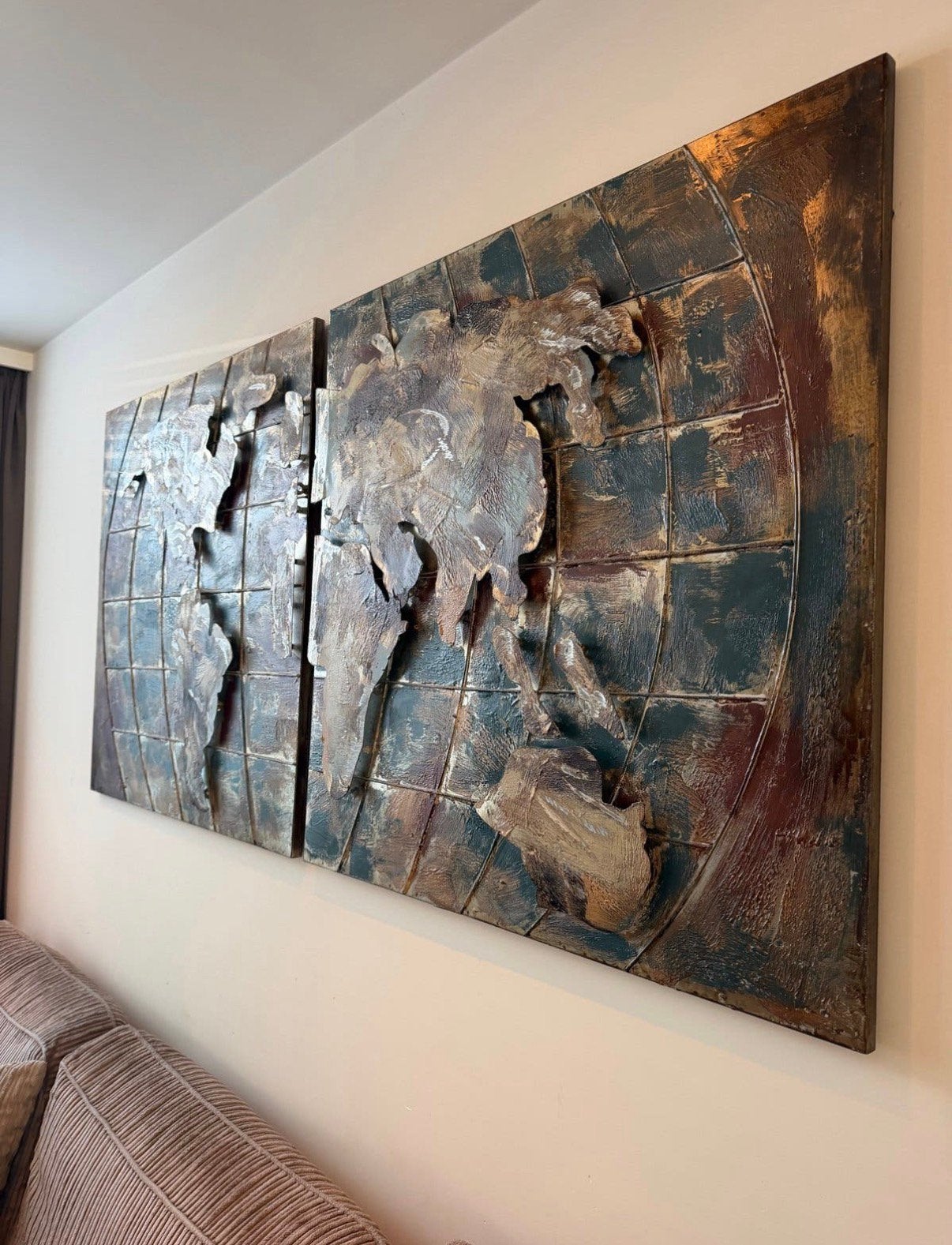 2-luik metalen wereldkaart schilderijen, Ophalen, Zo goed als nieuw, Schilderij, 75 tot 100 cm