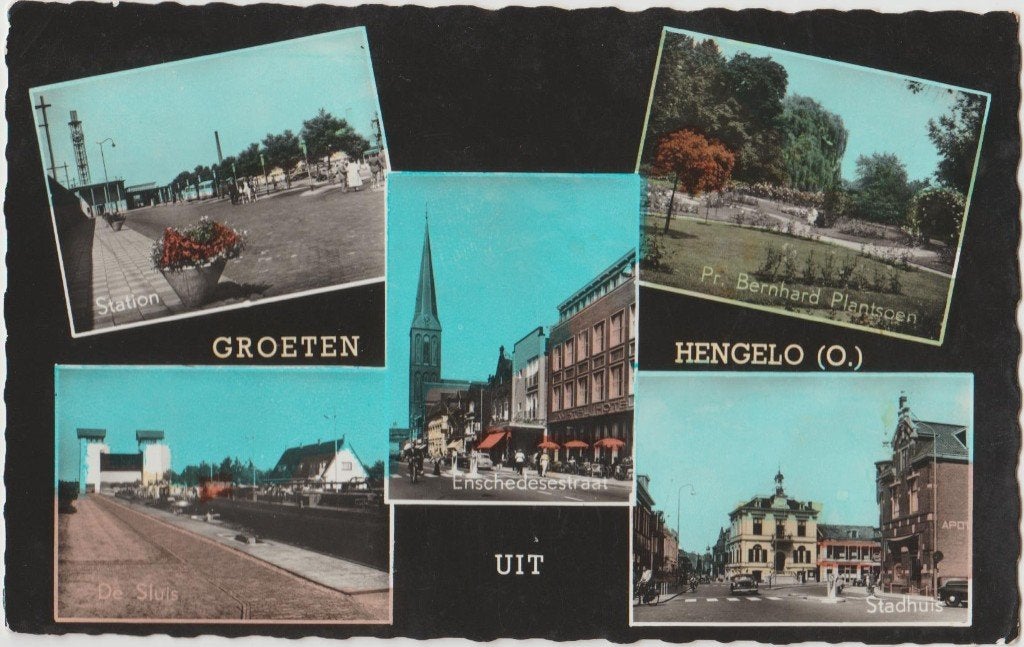 Hengelo Groeten uit 5-vensterkaart 1957., Ophalen, 1960 tot 1980, Gelopen, Overijssel