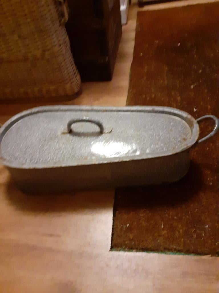 Antiek grijs gewolkte Emaille grote braadpan voor haas wild, Antiek en Kunst, Ophalen of Verzenden