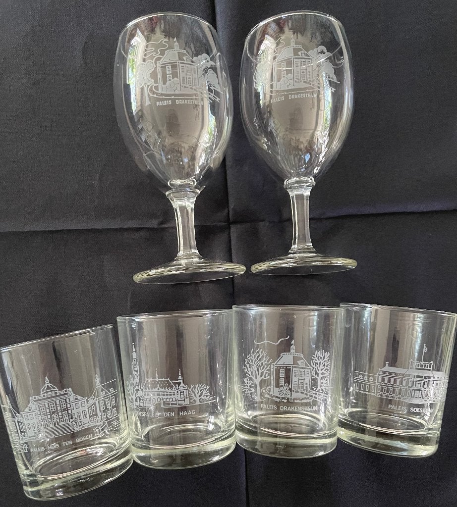 Set van 6 glazen met afbeeldingen van paleizen, Ophalen of Verzenden
