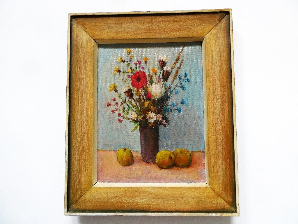 Vintage schilderij met bloemstilleven klaproos veldbloemen, Bloemen, Doek, Origineel werk, Ophalen of Verzenden
