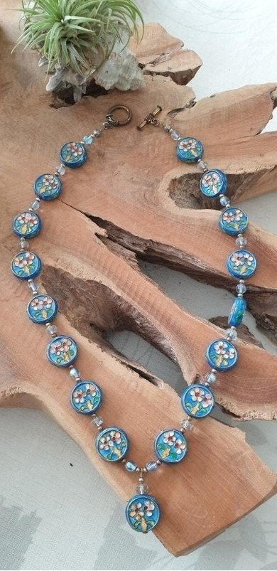 Vintage Chinese Cloisonné Ketting - Kersenbloesem, Ophalen of Verzenden, Koper, Ketting