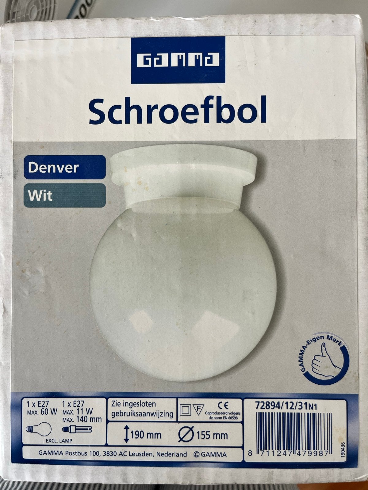 GAMMA Schroefbol Denver Wit - E27 Fitting, Huis en Inrichting, Lampen | Spots, Nieuw, Plafondspot of Wandspot, Glas, E27 (groot)