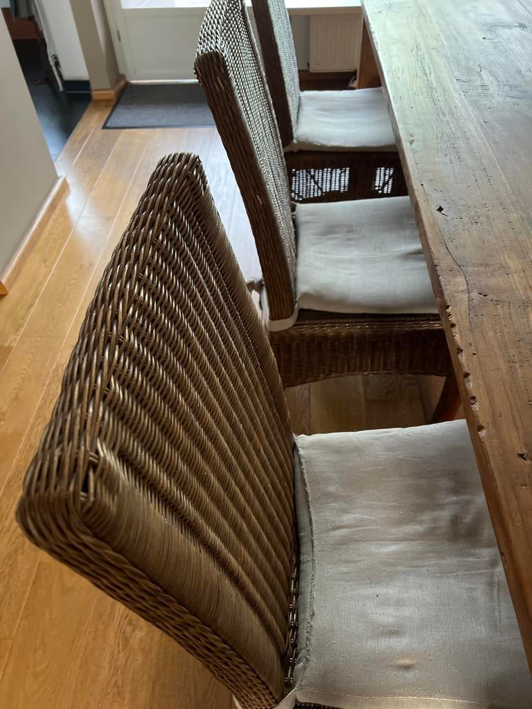 8 stevige rotan eetkamerstoelen (met kussens), Huis en Inrichting, Stoelen, Ophalen, Gebruikt, Bruin, Riet of Rotan