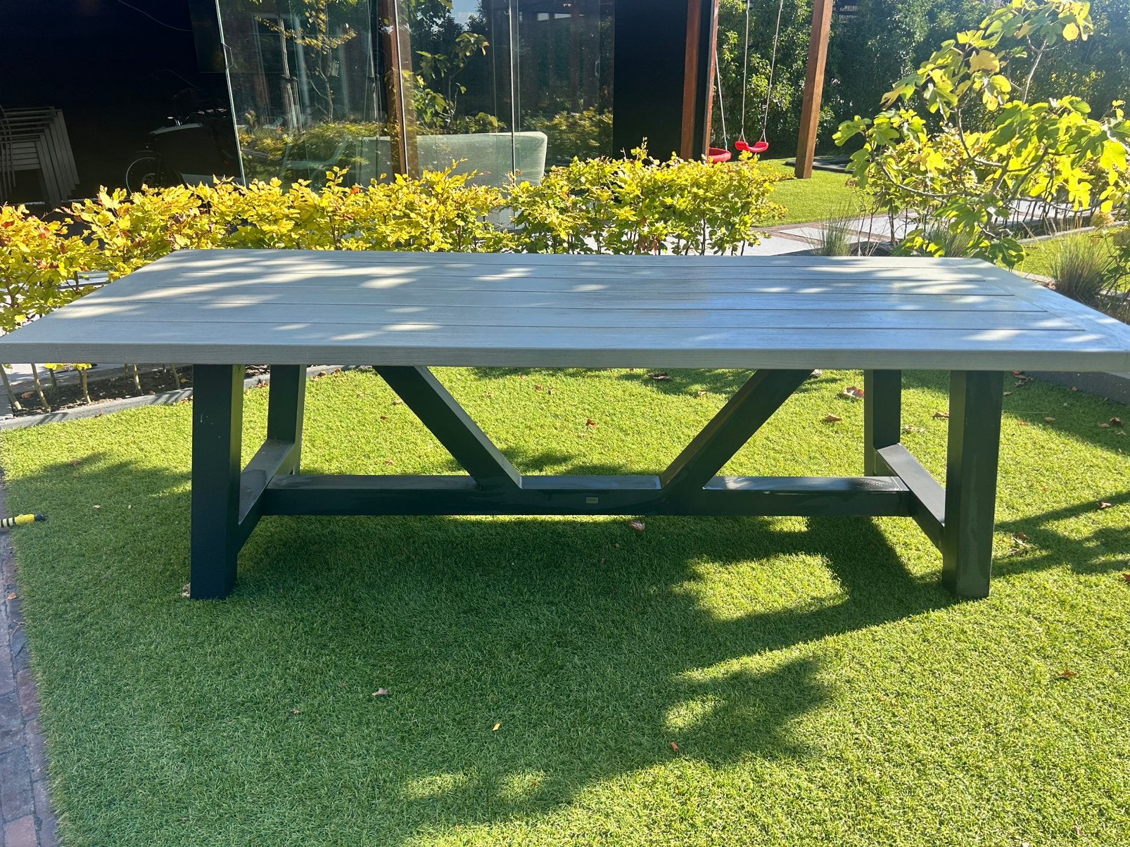 Eiken tuintafel en 6 metalen stoelen, Ophalen, Zo goed als nieuw, Rechthoekig, Hout
