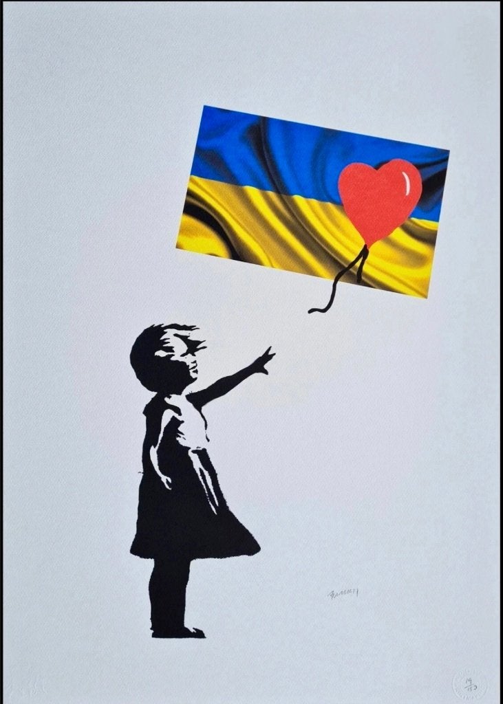 Banksy (1974) - Girl With A Balloon Ukraine, Antiek en Kunst, Kunst | Litho's en Zeefdrukken, Genummerd, Verzenden, Personages en Fantasiefiguren