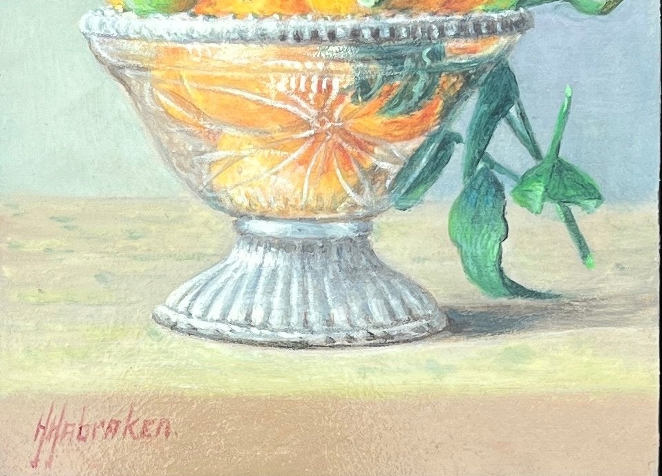 Schilderij mandarijnen in een glas. Hans Habraken., Antiek en Kunst, Ingelijst, Paneel, Realistisch, Stilleven