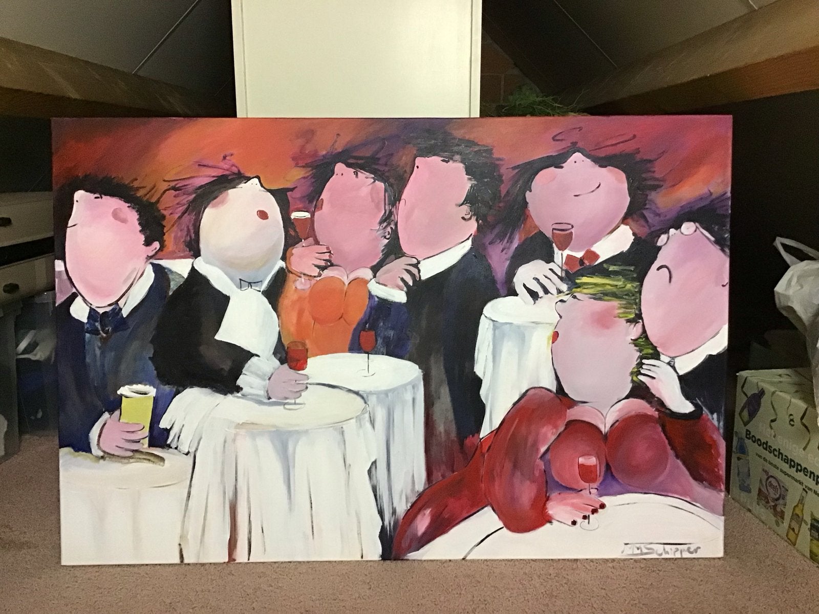 Vrolijk schilderij op canvas van M Schipper - 80x120 cm, Ophalen, Figuren, Handgeschilderd, Olieverf