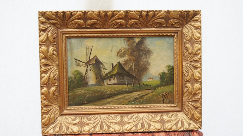 Olieverfschilderij met molen en huisje in landschap, Doek, Realistisch, Ophalen of Verzenden, Landschap