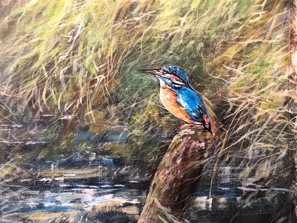 Schilderij Ijsvogel op linnen - 50x50cm, Antiek en Kunst, Kunst | Schilderijen | Modern, Ophalen of Verzenden