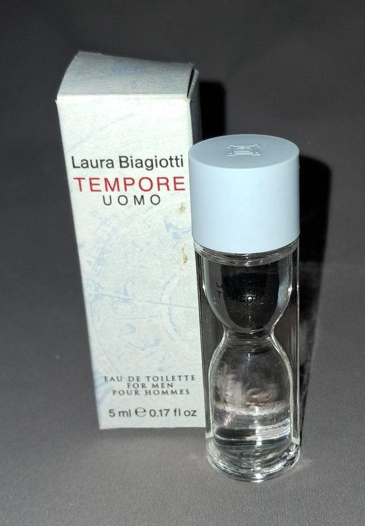 Volle parfum mini - Laura biagiotti tempore uomo + doosje, Verzamelen, Ophalen of Verzenden, Zo goed als nieuw, Miniatuur, Gevuld