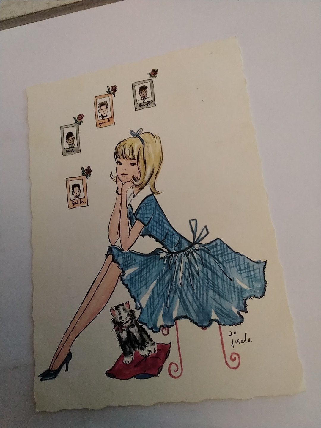 Vintage Ansichtkaart: Meisje met Kat en Foto's, Ophalen of Verzenden, 1960 tot 1980, Ongelopen