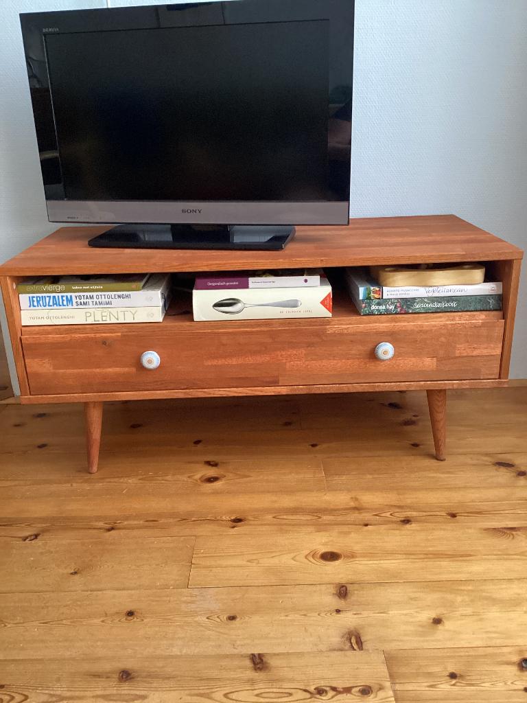 Massief eiken tv kast van Woood 100 cm breed, Ophalen, Gebruikt, Eikenhout, 50 tot 100 cm