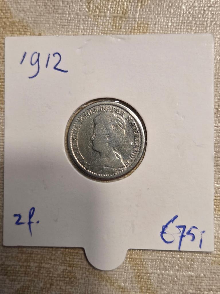 Zilveren 25 Cent 1912 Koningin Wilhelmina, Zilver, 25 cent, Ophalen of Verzenden, Koningin Wilhelmina