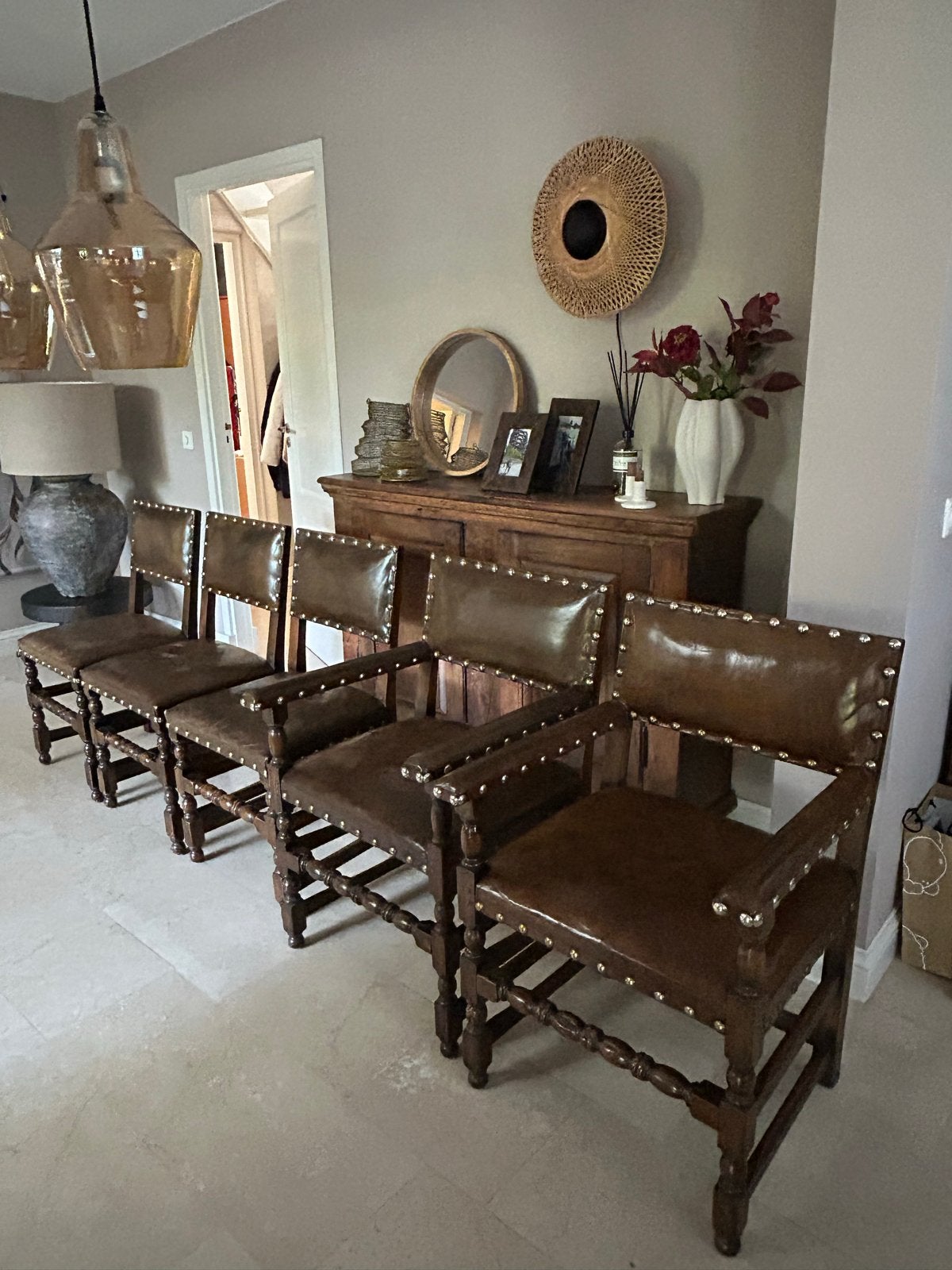 Set van 6 antieke leren eetkamerstoelen, Antiek en Kunst, Ophalen