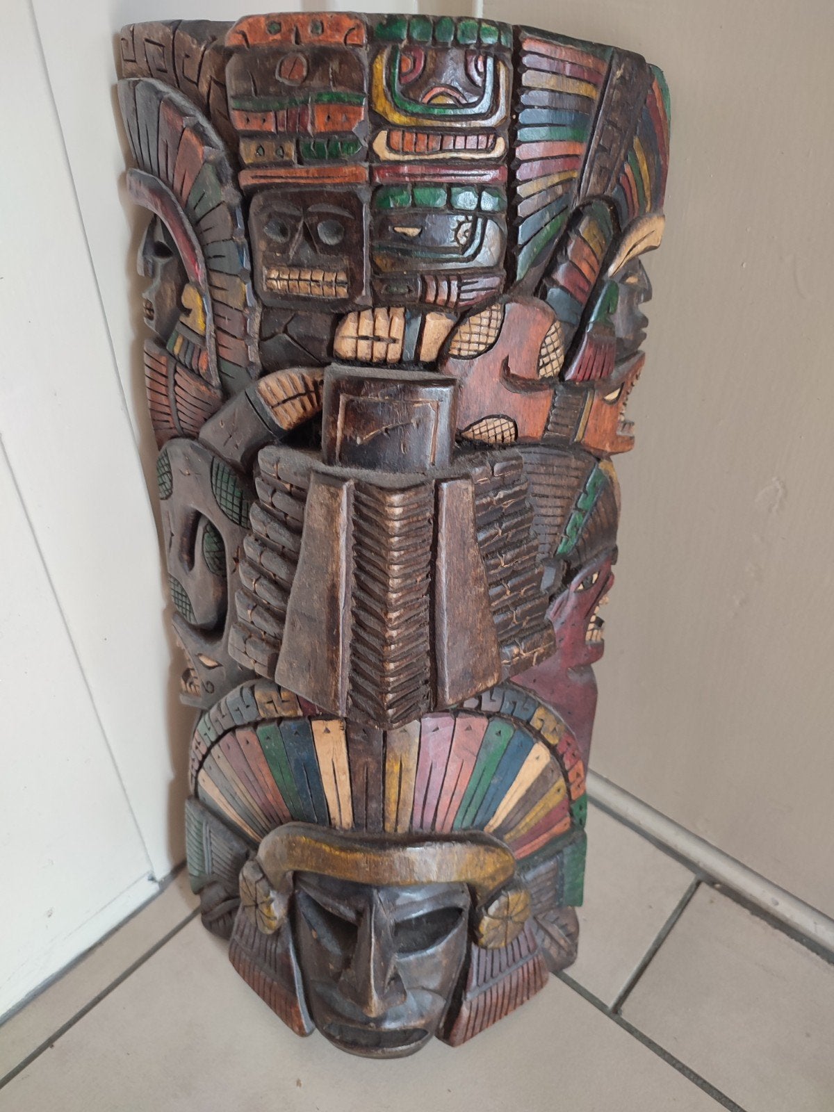 Houten Maya/Azteken decoratie - Handgesneden, Wanddecoratie, Mexico, Meerkleurig, Gesneden