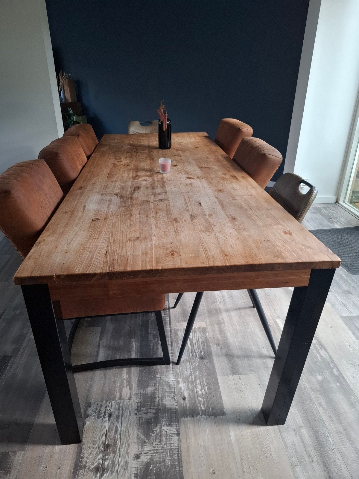 Eettafel 260x100 cm met optioneel 5 cognac stoelen, Gebruikt, 200 cm of meer, 50 tot 100 cm, Vijf personen of meer